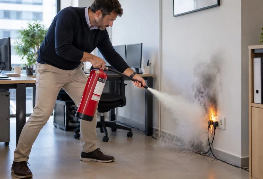 ¿Cómo utilizar correctamente un extintor?  Lo primero, comprobar que existe una salida y que se trata de un conato de incendio, en cualquier otro caso, protegerse y llamar a los bomberos.
Los pasos para usar el extintor son:
1- posición vertical
2- distancia prudente
3- apuntar a la base de las llamas
4- movimiento de barrido